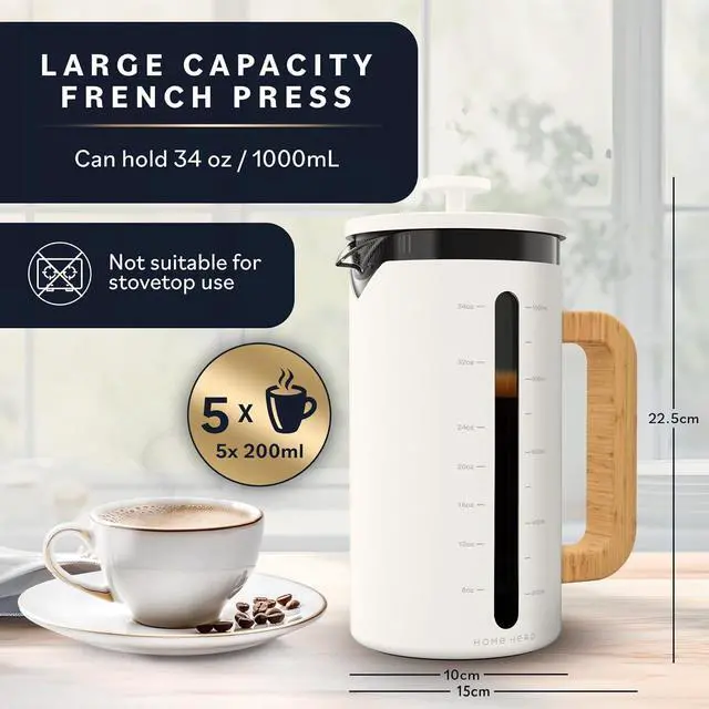 Alt view image 5 of 7 - Home Hero French Press Coffee Maker - 34 oz Coffee Press with Bamboo Wood Handle, Heat Resistant Thick Borosilicate Glass French Presses, 4 Layer Filter, French Press Stainless Steel (Light Cream)