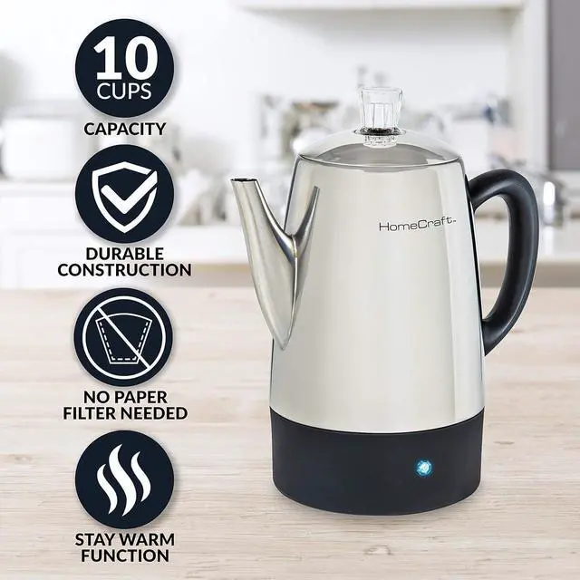 Alt view image 2 of 7 - Homecraft HCPC10SS 10-Cup Stainless Steel Coffee Maker Percolator, Easy-Pour Spout, LED Indicator Light, Keep Warm Function