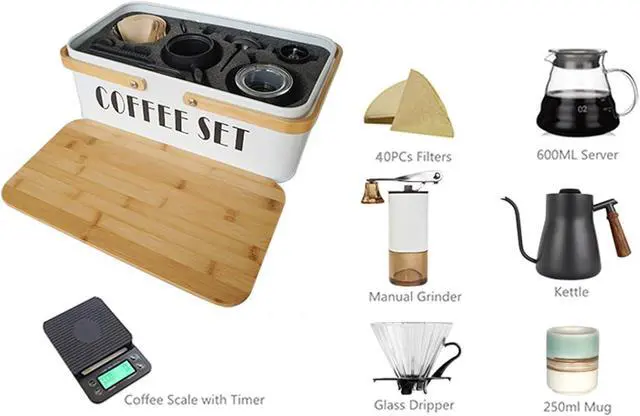 Alt view image 4 of 7 - Pour Over Coffee Maker Set Coffee Kettle Scale Server Dripping Cup Bean Grinder Filter Paper Ceramic Cup ALL in 1 Great Portable Metal Box for Traveling Excellent Coffee Gift