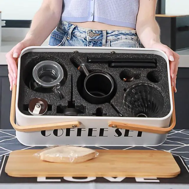 Alt view image 5 of 7 - Pour Over Coffee Maker Set Coffee Kettle Scale Server Dripping Cup Bean Grinder Filter Paper Ceramic Cup ALL in 1 Great Portable Metal Box for Traveling Excellent Coffee Gift