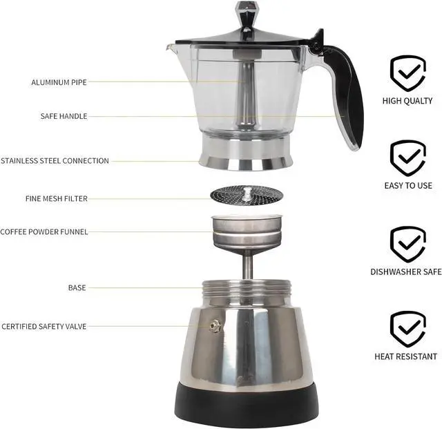 Alt view image 2 of 6 - Cafeteras Electricas Modernas Moka Pot, Italian Coffee Espresso Machine, 6 Cup Cuban Coffee Maker with Detachable Base & Overheat Protection, Greca Electrica De Cafe Gift for Travel