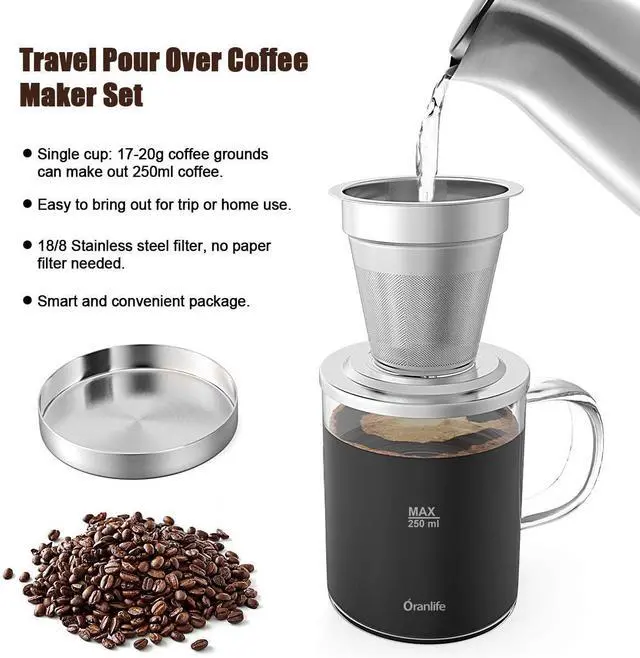 Alt view image 2 of 7 - Pour Over Coffee Maker Set for Travel/Camping/Hiking, Single Cup, Stainless Steel Coffee Filter, 14 Oz Borosilicate Glass Mug, Extra Permanent Lid and Moulded Neoprene Case, at Home/Office