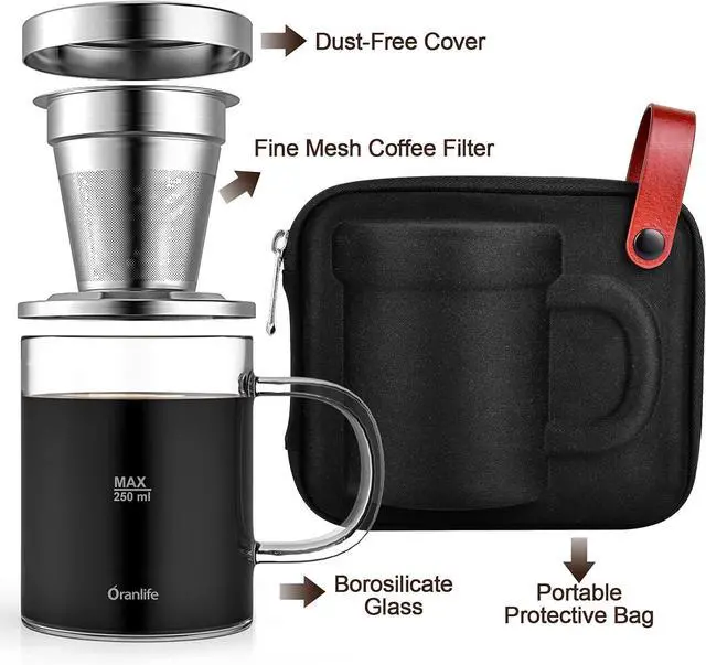 Alt view image 3 of 7 - Pour Over Coffee Maker Set for Travel/Camping/Hiking, Single Cup, Stainless Steel Coffee Filter, 14 Oz Borosilicate Glass Mug, Extra Permanent Lid and Moulded Neoprene Case, at Home/Office