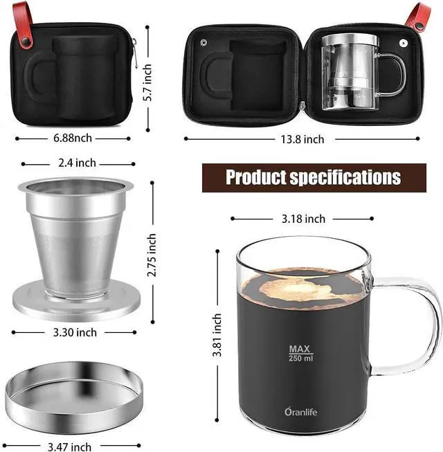 Alt view image 5 of 7 - Pour Over Coffee Maker Set for Travel/Camping/Hiking, Single Cup, Stainless Steel Coffee Filter, 14 Oz Borosilicate Glass Mug, Extra Permanent Lid and Moulded Neoprene Case, at Home/Office