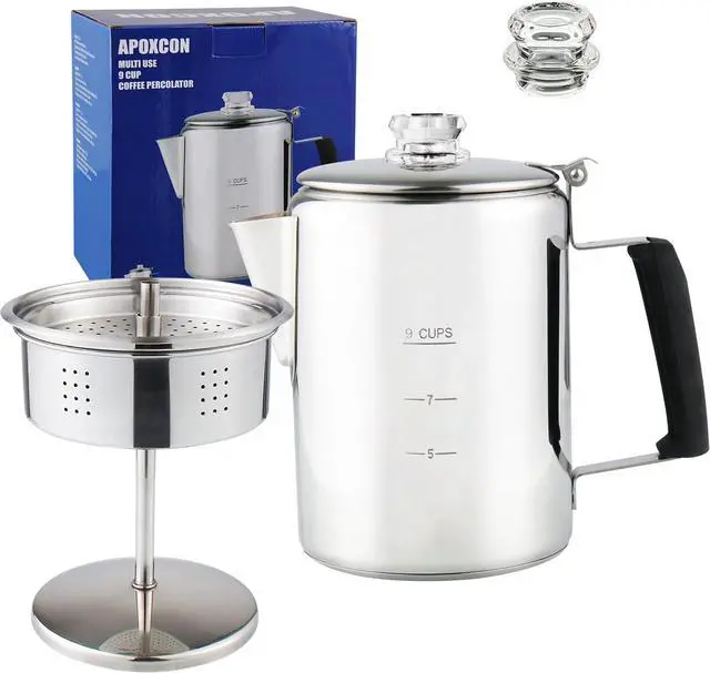 Main image of Multi Use Percolator Coffee Pot Stainless Steel Stove Top Coffee Maker with Two Borosilicate Glass Knob Silica Handle Camping Coffee Pot Using on Campfire Stove & Induction Cooker Silver 9 Cup