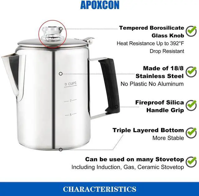 Alt view image 3 of 7 - Multi Use Percolator Coffee Pot Stainless Steel Stove Top Coffee Maker with Two Borosilicate Glass Knob Silica Handle Camping Coffee Pot Using on Campfire Stove & Induction Cooker Silver 9 Cup