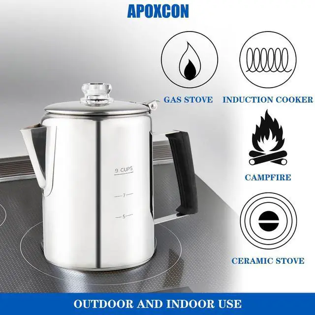 Alt view image 7 of 7 - Multi Use Percolator Coffee Pot Stainless Steel Stove Top Coffee Maker with Two Borosilicate Glass Knob Silica Handle Camping Coffee Pot Using on Campfire Stove & Induction Cooker Silver 9 Cup