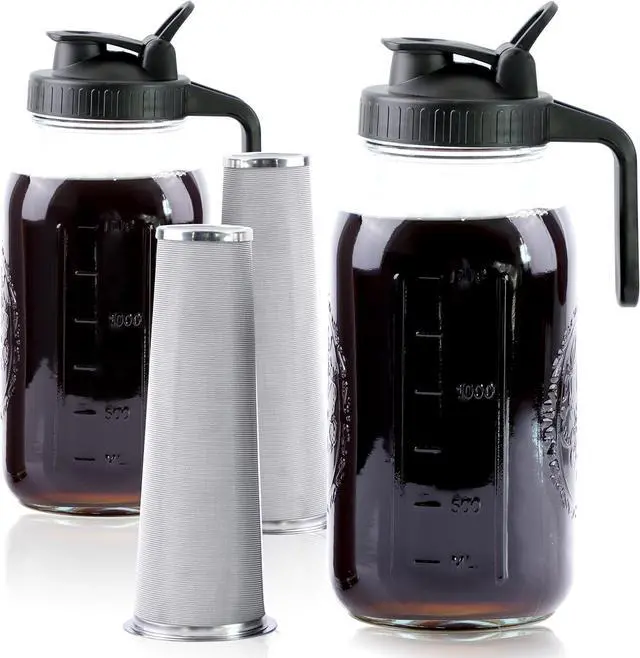 Main image of Cold Brew Coffee Maker 64 Oz Mason Jar Iced Coffee Maker 2 Set Half Gallon Glass Pitcher With Pour Spout Lids 2 Quart Wide Mouth Cold Brew Pitcher With Strainer For Fridge, Lemonade, Cold Brew, Milk