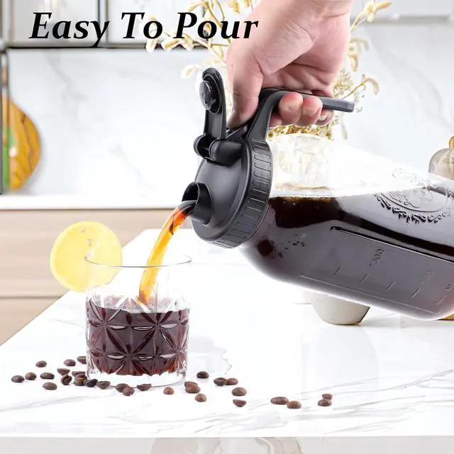 Alt view image 3 of 6 - Cold Brew Coffee Maker 64 Oz Mason Jar Iced Coffee Maker 2 Set Half Gallon Glass Pitcher With Pour Spout Lids 2 Quart Wide Mouth Cold Brew Pitcher With Strainer For Fridge, Lemonade, Cold Brew, Milk