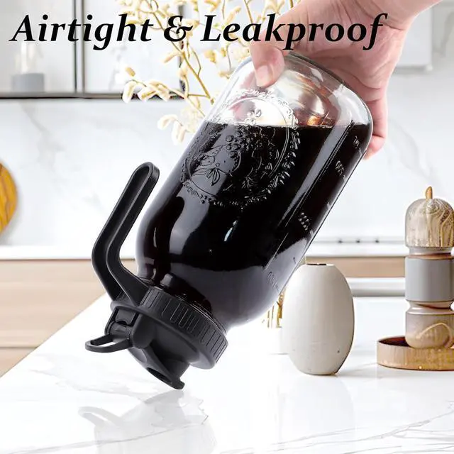 Alt view image 4 of 6 - Cold Brew Coffee Maker 64 Oz Mason Jar Iced Coffee Maker 2 Set Half Gallon Glass Pitcher With Pour Spout Lids 2 Quart Wide Mouth Cold Brew Pitcher With Strainer For Fridge, Lemonade, Cold Brew, Milk