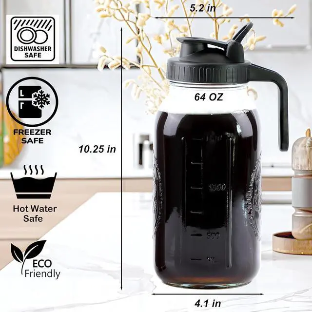 Alt view image 5 of 6 - Cold Brew Coffee Maker 64 Oz Mason Jar Iced Coffee Maker 2 Set Half Gallon Glass Pitcher With Pour Spout Lids 2 Quart Wide Mouth Cold Brew Pitcher With Strainer For Fridge, Lemonade, Cold Brew, Milk
