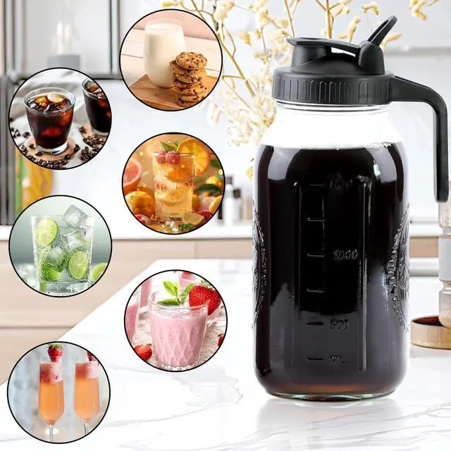 Alt view image 6 of 6 - Cold Brew Coffee Maker 64 Oz Mason Jar Iced Coffee Maker 2 Set Half Gallon Glass Pitcher With Pour Spout Lids 2 Quart Wide Mouth Cold Brew Pitcher With Strainer For Fridge, Lemonade, Cold Brew, Milk