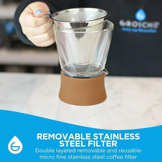 Alt view image 3 of 7 - GROSCHE Amsterdam Glass Pour Over Coffee Maker - Single Cup Manual Dripper Brewer w/Removable Glass Top & Permanent Stainless Steel Filter - 27.6 fl oz - Ideal for Home, Camping, & On-the-Go Brewing