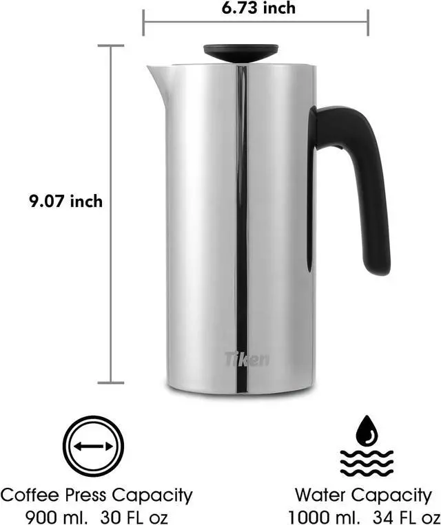 Alt view image 2 of 5 - French Press Coffee Maker Stainless Steel Double-wall Vacuum Insulated Coffee Press Dishwasher Safe, 34Oz Silver