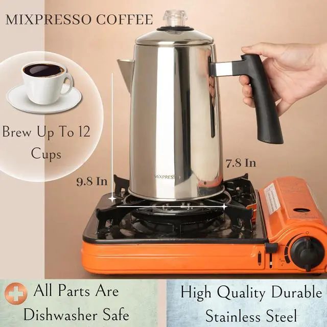 Alt view image 2 of 7 - Mixpresso Stainless Steel Stovetop Coffee Percolator, 52 oz Classic Percolator Coffee Pot, Excellent As Camping Pot, 12 Cup Stainless Steel Camping Coffee Makers, Cool-Touch Handle.