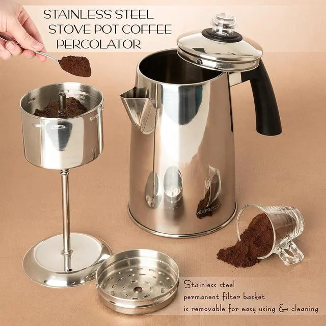 Alt view image 3 of 7 - Mixpresso Stainless Steel Stovetop Coffee Percolator, 52 oz Classic Percolator Coffee Pot, Excellent As Camping Pot, 12 Cup Stainless Steel Camping Coffee Makers, Cool-Touch Handle.