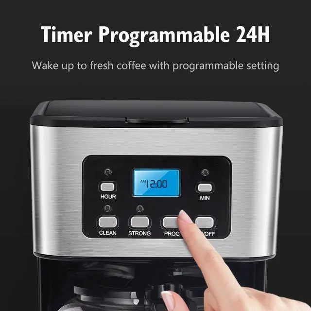 Alt view image 2 of 7 - Taylor Swoden 12-Cup Programmable Coffee Maker, Regular & Strong Brew Drip Coffee Machine for Home and Office, Glass Carafe, Pause & Serve, Auto Shut Off, Black & Stainless Steel