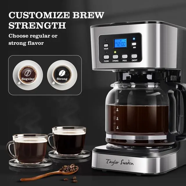 Alt view image 3 of 7 - Taylor Swoden 12-Cup Programmable Coffee Maker, Regular & Strong Brew Drip Coffee Machine for Home and Office, Glass Carafe, Pause & Serve, Auto Shut Off, Black & Stainless Steel