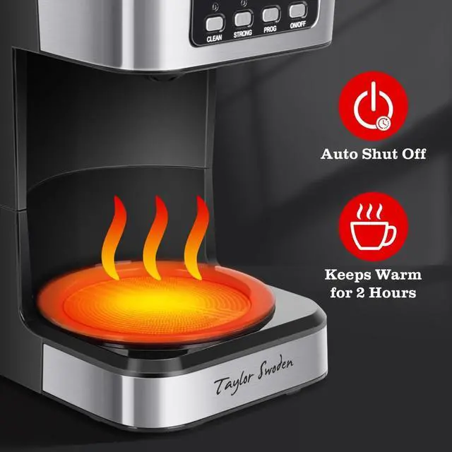 Alt view image 4 of 7 - Taylor Swoden 12-Cup Programmable Coffee Maker, Regular & Strong Brew Drip Coffee Machine for Home and Office, Glass Carafe, Pause & Serve, Auto Shut Off, Black & Stainless Steel