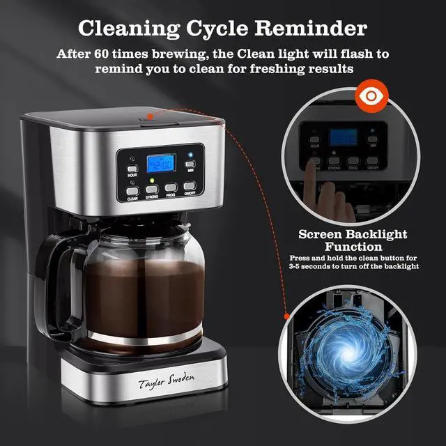 Alt view image 6 of 7 - Taylor Swoden 12-Cup Programmable Coffee Maker, Regular & Strong Brew Drip Coffee Machine for Home and Office, Glass Carafe, Pause & Serve, Auto Shut Off, Black & Stainless Steel