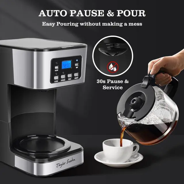 Alt view image 5 of 7 - Taylor Swoden 12-Cup Programmable Coffee Maker, Regular & Strong Brew Drip Coffee Machine for Home and Office, Glass Carafe, Pause & Serve, Auto Shut Off, Black & Stainless Steel