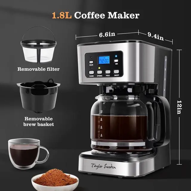 Alt view image 7 of 7 - Taylor Swoden 12-Cup Programmable Coffee Maker, Regular & Strong Brew Drip Coffee Machine for Home and Office, Glass Carafe, Pause & Serve, Auto Shut Off, Black & Stainless Steel