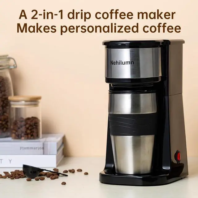 Alt view image 2 of 6 - Single serve one cup drip coffee maker 14 oz,with personal travel cup,auto shut off function,Reusable Filter,Black and Silver
