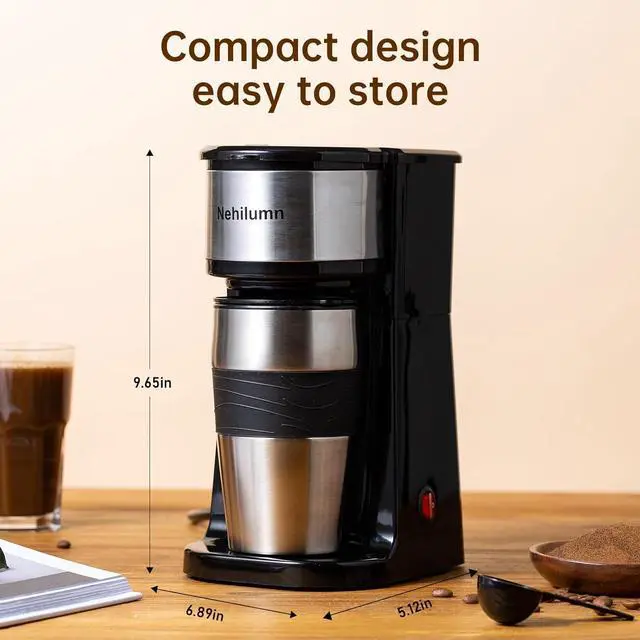 Alt view image 6 of 6 - Single serve one cup drip coffee maker 14 oz,with personal travel cup,auto shut off function,Reusable Filter,Black and Silver