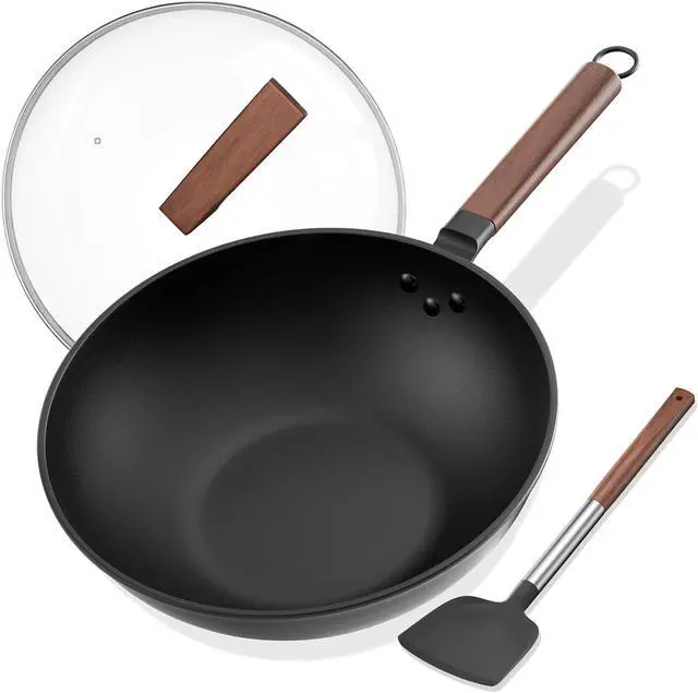 Main image of Carbon Steel Wok - Including Glass Cover and Silicone Spatula, 13-Inch Woks & Stir-Fry Pans for Induction, Electric, Gas Stoves