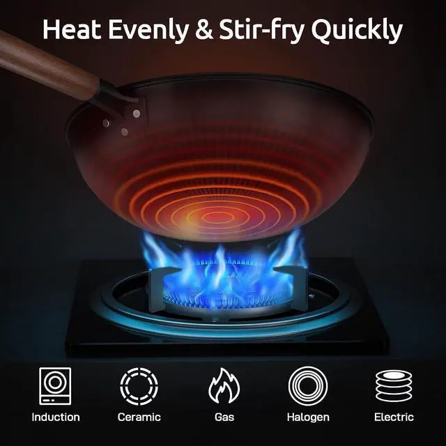 Alt view image 2 of 7 - Carbon Steel Wok - Including Glass Cover and Silicone Spatula, 13-Inch Woks & Stir-Fry Pans for Induction, Electric, Gas Stoves