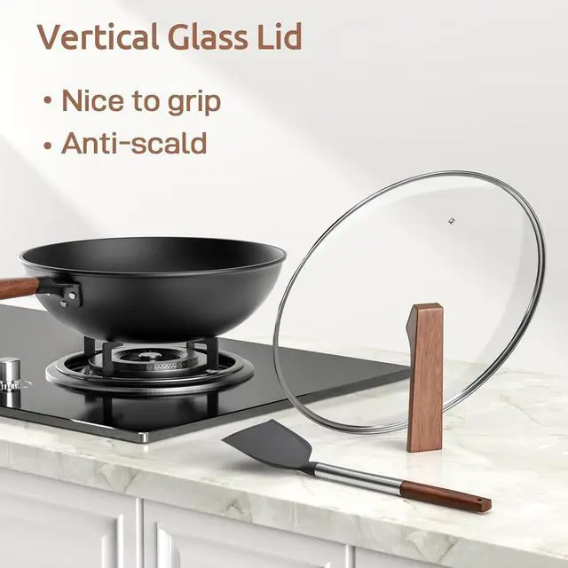 Alt view image 5 of 7 - Carbon Steel Wok - Including Glass Cover and Silicone Spatula, 13-Inch Woks & Stir-Fry Pans for Induction, Electric, Gas Stoves