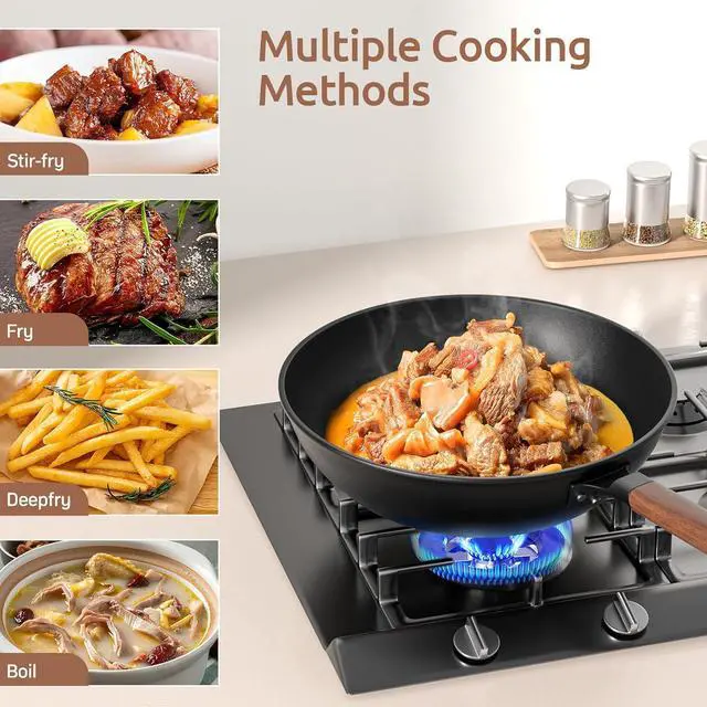 Alt view image 4 of 7 - Carbon Steel Wok - Including Glass Cover and Silicone Spatula, 13-Inch Woks & Stir-Fry Pans for Induction, Electric, Gas Stoves