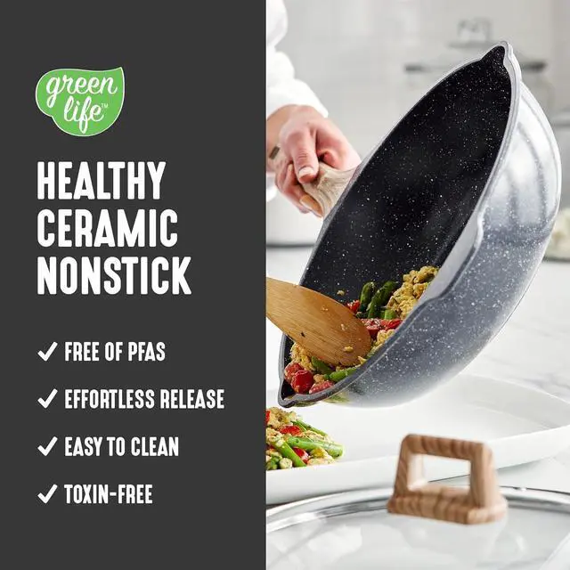 Alt view image 2 of 7 - GreenLife Nonstick 12 (5QT) All in One Deep Skillet Wok with Lid, PFAS-Free Non-Toxic Ceramic Multi-Purpose Pan, Induction, All Stovetop, Egg, Stir Fry, Saute, Stay Cool Handle, Granite Black