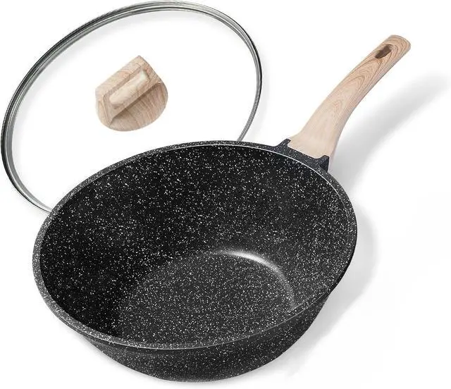 Main image of CAROTE Non Stick Wok with Lid 12''/5.3QT Woks & Stir-fry Pans Nonstick Granite Wok Pan Induction Cookware Deep Frying Pan, Compatible with All Stovetops