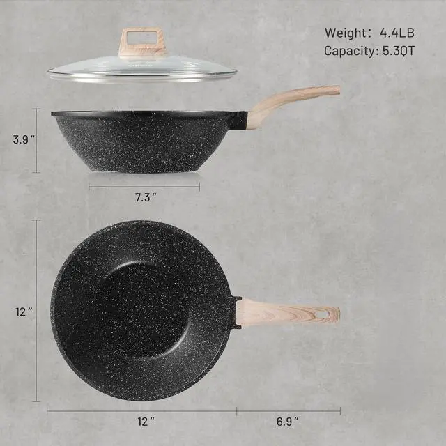 Alt view image 2 of 7 - CAROTE Non Stick Wok with Lid 12''/5.3QT Woks & Stir-fry Pans Nonstick Granite Wok Pan Induction Cookware Deep Frying Pan, Compatible with All Stovetops