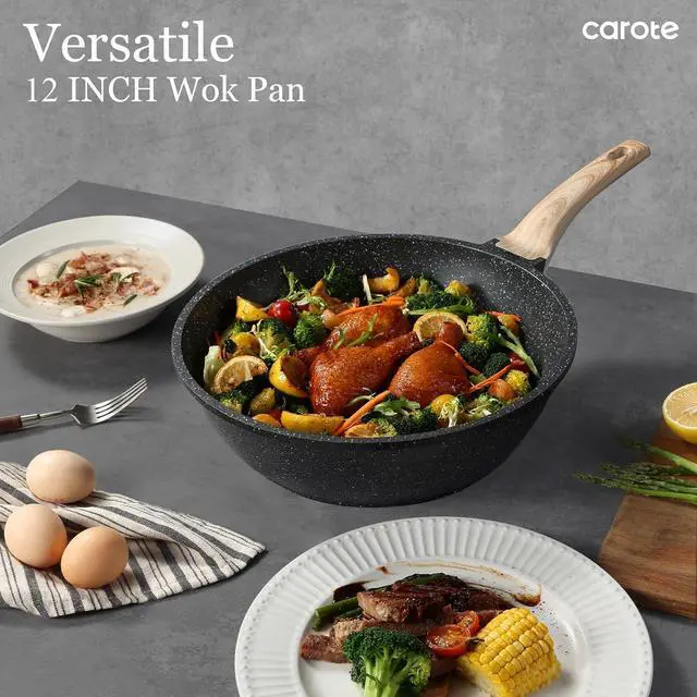 Alt view image 4 of 7 - CAROTE Non Stick Wok with Lid 12''/5.3QT Woks & Stir-fry Pans Nonstick Granite Wok Pan Induction Cookware Deep Frying Pan, Compatible with All Stovetops