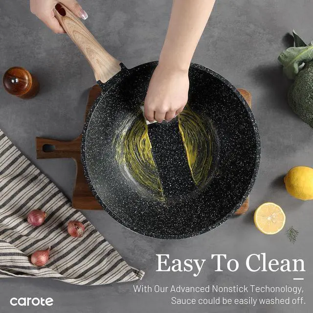 Alt view image 6 of 7 - CAROTE Non Stick Wok with Lid 12''/5.3QT Woks & Stir-fry Pans Nonstick Granite Wok Pan Induction Cookware Deep Frying Pan, Compatible with All Stovetops