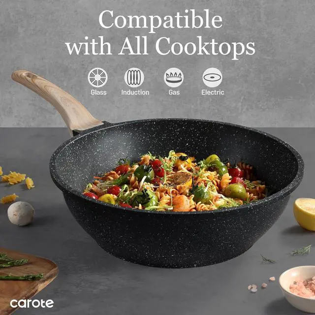 Alt view image 5 of 7 - CAROTE Non Stick Wok with Lid 12''/5.3QT Woks & Stir-fry Pans Nonstick Granite Wok Pan Induction Cookware Deep Frying Pan, Compatible with All Stovetops