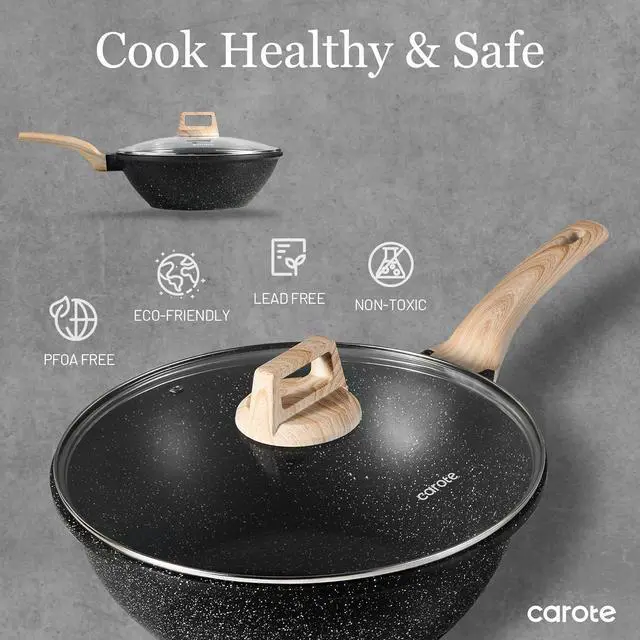 Alt view image 7 of 7 - CAROTE Non Stick Wok with Lid 12''/5.3QT Woks & Stir-fry Pans Nonstick Granite Wok Pan Induction Cookware Deep Frying Pan, Compatible with All Stovetops