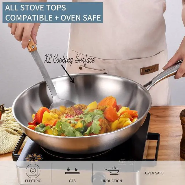 Alt view image 3 of 7 - LOLYKITCH Tri-Ply 13 Inch Stainless Steel Wok Pan with Lid, Stir-Frying Pan,Induction Wok,Dishwasher and Oven Safe,Heavy Duty and Detachable handle.