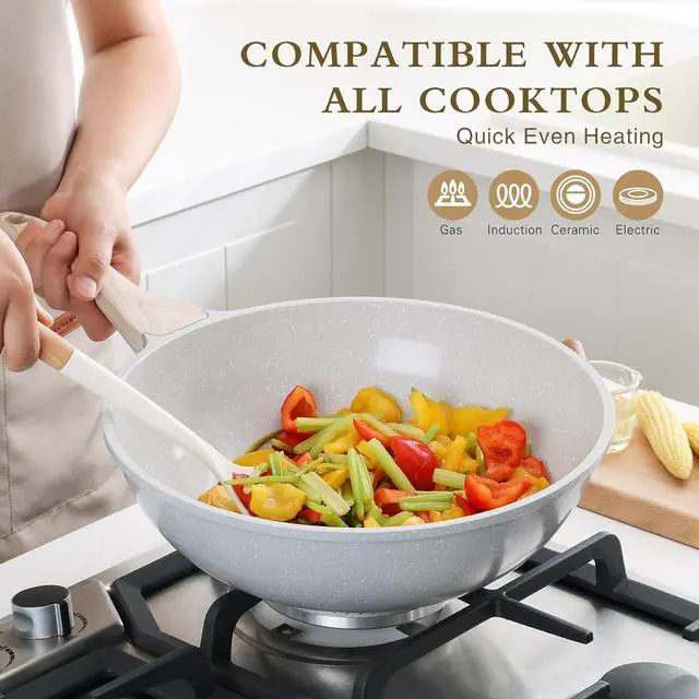 Alt view image 3 of 7 - Ceramic Wok Pan, 12 Inch Nonstick Wok with Lid, Healthy Non Toxic Woks & Stir-fry Pans for Cooking, Induction Cookware, PFOA & PFAS Free