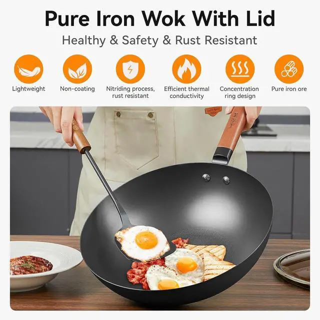 Alt view image 2 of 7 - WANGYUANJI Iron Wok 12.6 inches,Wooden Handle Chinese Iron Pot Carbon Steel Wok Non-Coated Stir Fry Pan,Suitable for Home Cooking, Compatible with Induction, Gas, and Electric Ceramic Cooktops