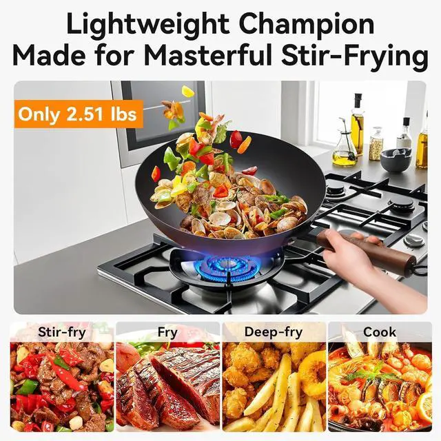 Alt view image 3 of 7 - WANGYUANJI Iron Wok 12.6 inches,Wooden Handle Chinese Iron Pot Carbon Steel Wok Non-Coated Stir Fry Pan,Suitable for Home Cooking, Compatible with Induction, Gas, and Electric Ceramic Cooktops