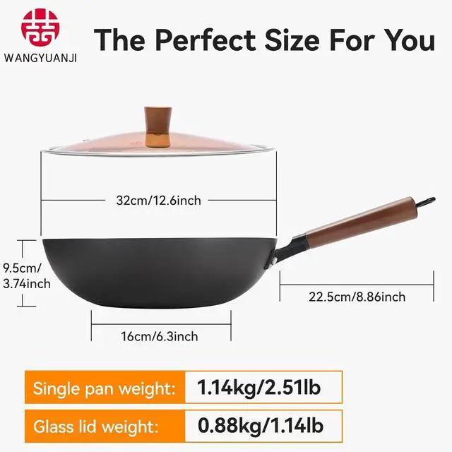 Alt view image 7 of 7 - WANGYUANJI Iron Wok 12.6 inches,Wooden Handle Chinese Iron Pot Carbon Steel Wok Non-Coated Stir Fry Pan,Suitable for Home Cooking, Compatible with Induction, Gas, and Electric Ceramic Cooktops