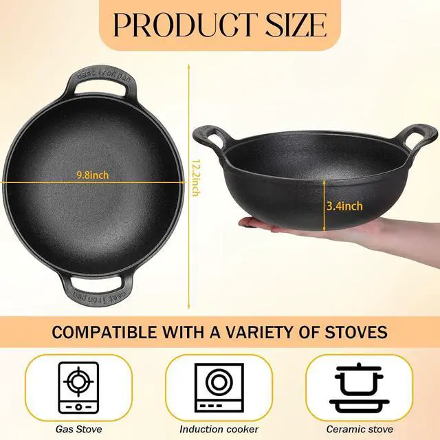Alt view image 3 of 6 - Layhit 2 Sets Cast Iron Wok with Loop Handle 10 Inch Mini Wok Nonstick Coated Flat Bottom Stir Fry Pans Pre Seasoned No Chemical Grilling Suitable for Induction Electric Gas All Stoves, Black