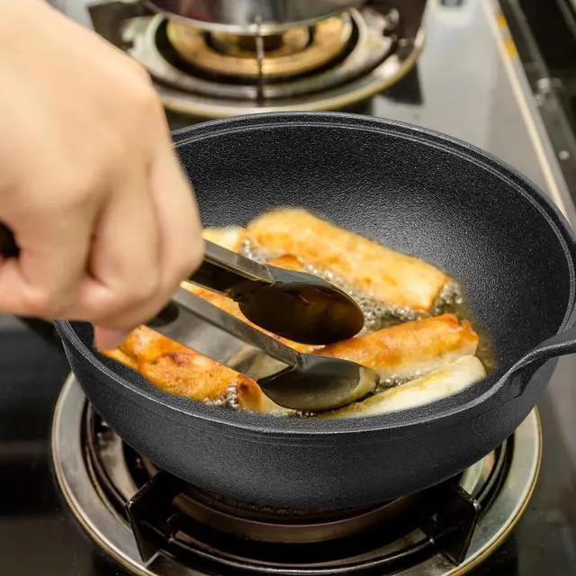 Alt view image 4 of 6 - Layhit 2 Sets Cast Iron Wok with Loop Handle 10 Inch Mini Wok Nonstick Coated Flat Bottom Stir Fry Pans Pre Seasoned No Chemical Grilling Suitable for Induction Electric Gas All Stoves, Black