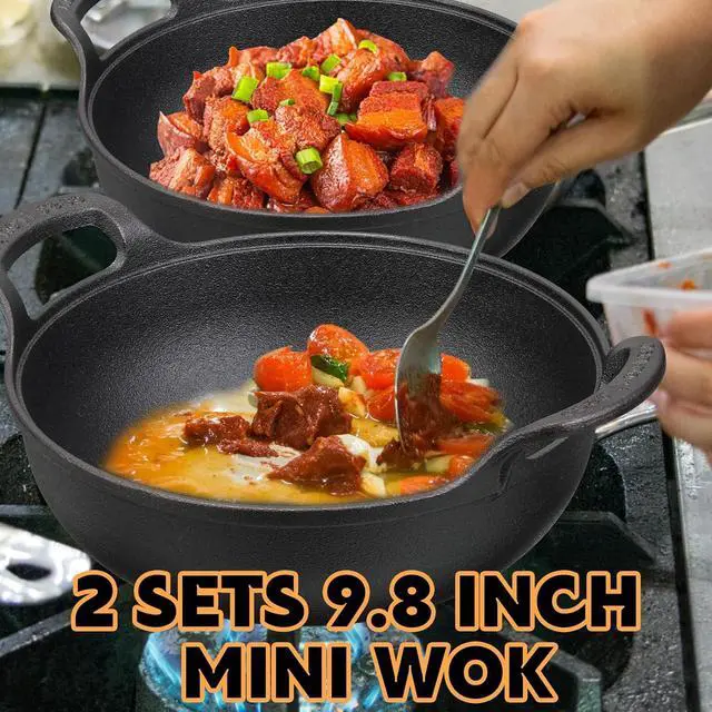 Alt view image 5 of 6 - Layhit 2 Sets Cast Iron Wok with Loop Handle 10 Inch Mini Wok Nonstick Coated Flat Bottom Stir Fry Pans Pre Seasoned No Chemical Grilling Suitable for Induction Electric Gas All Stoves, Black