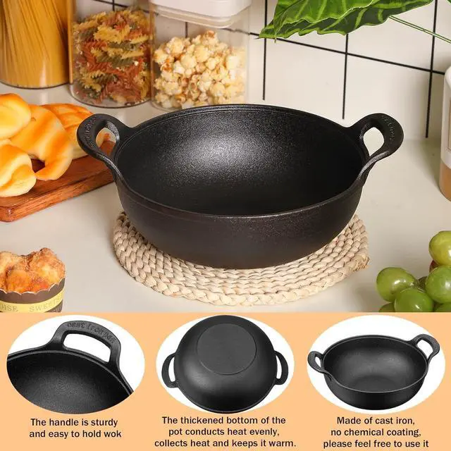 Alt view image 6 of 6 - Layhit 2 Sets Cast Iron Wok with Loop Handle 10 Inch Mini Wok Nonstick Coated Flat Bottom Stir Fry Pans Pre Seasoned No Chemical Grilling Suitable for Induction Electric Gas All Stoves, Black
