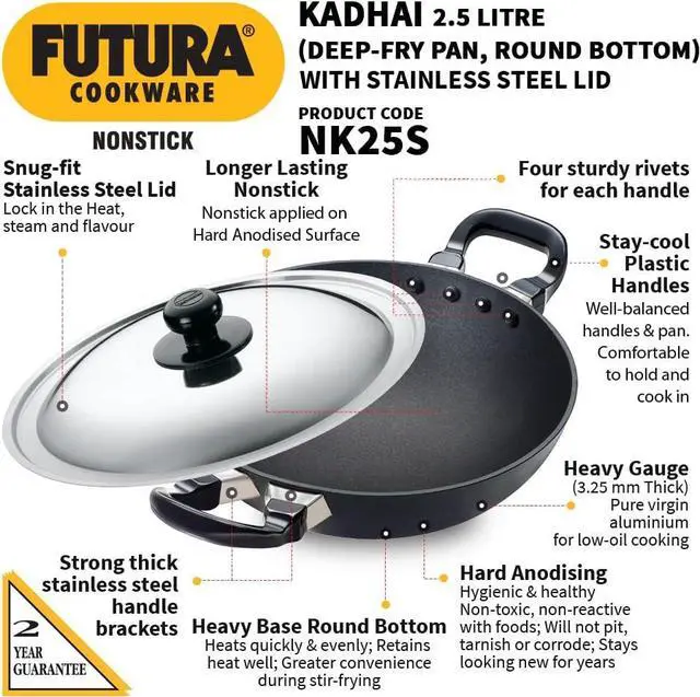 Alt view image 2 of 7 - Hawkins Futura Nonstick Kadhai 2.5 L, 26 cm, 3.25 mm with SS lid (Black)