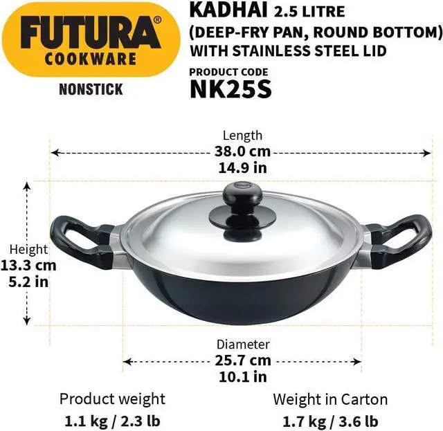 Alt view image 3 of 7 - Hawkins Futura Nonstick Kadhai 2.5 L, 26 cm, 3.25 mm with SS lid (Black)